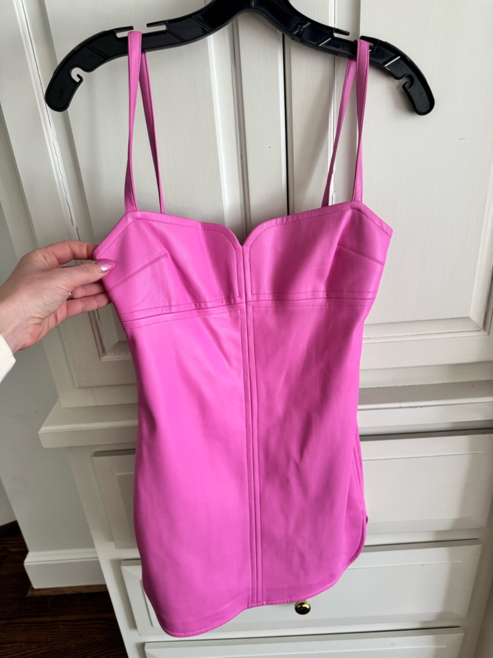 Alexis Hot Pink Spaghetti Strap Faux Leather Mini Dress